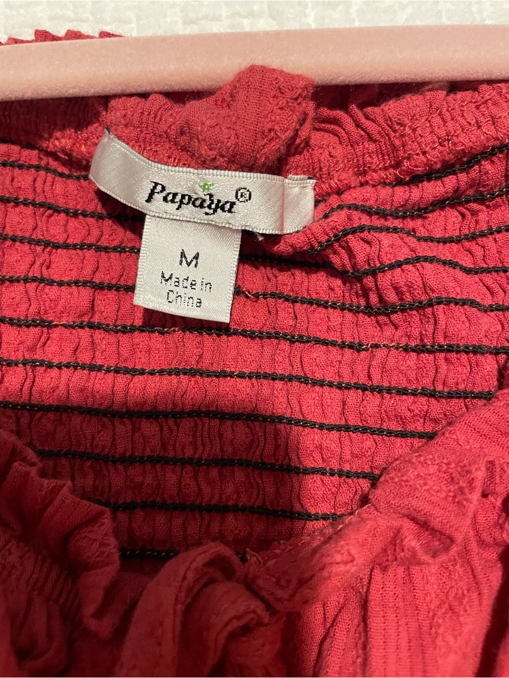 Papaya Girls' Coral Pink Ruffled Casual Dress with Black Stripe Accents